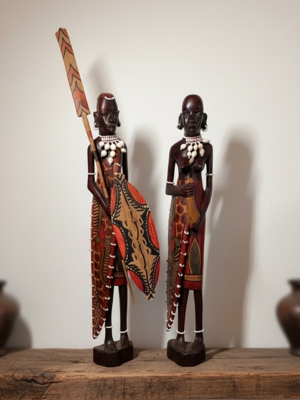 Hand-carved Vintage Ebony Wood Tribal Warrior Sculpture Figurines Man Woman 20”